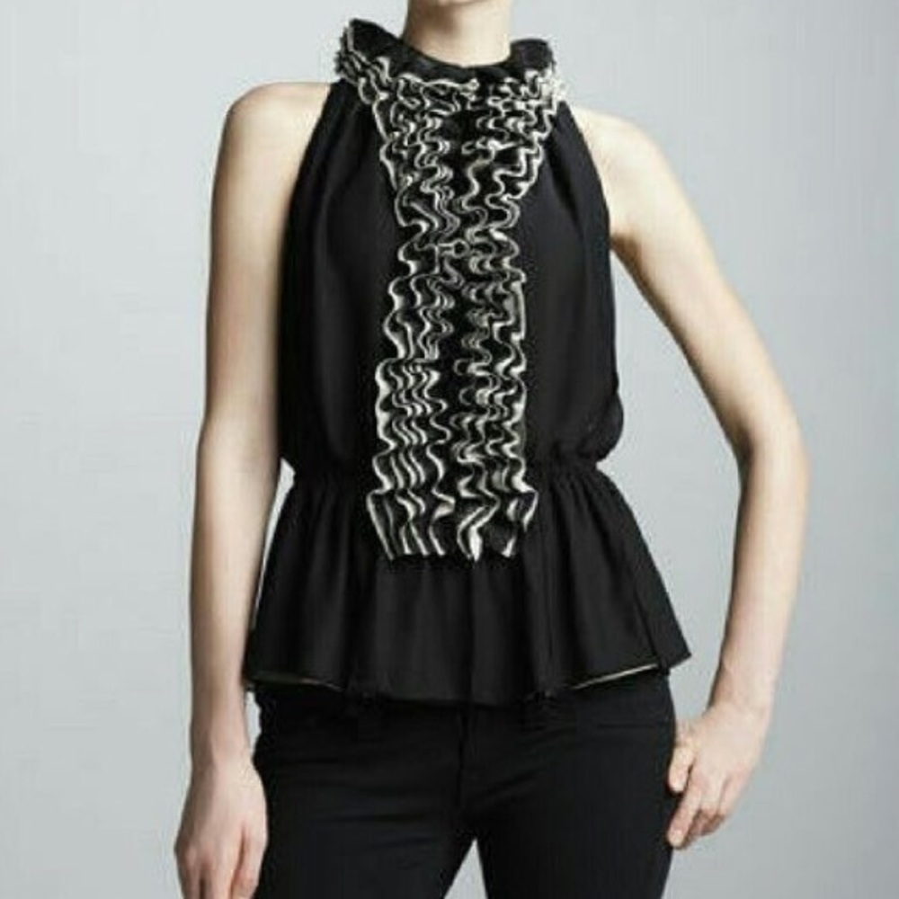 Black Chiffon Ruffle Keyhole Blouse R. Rodriguez